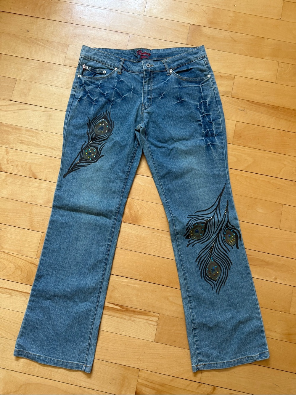 Vintage Y2K-style Peacock Feather Embellished Bootcut Jeans